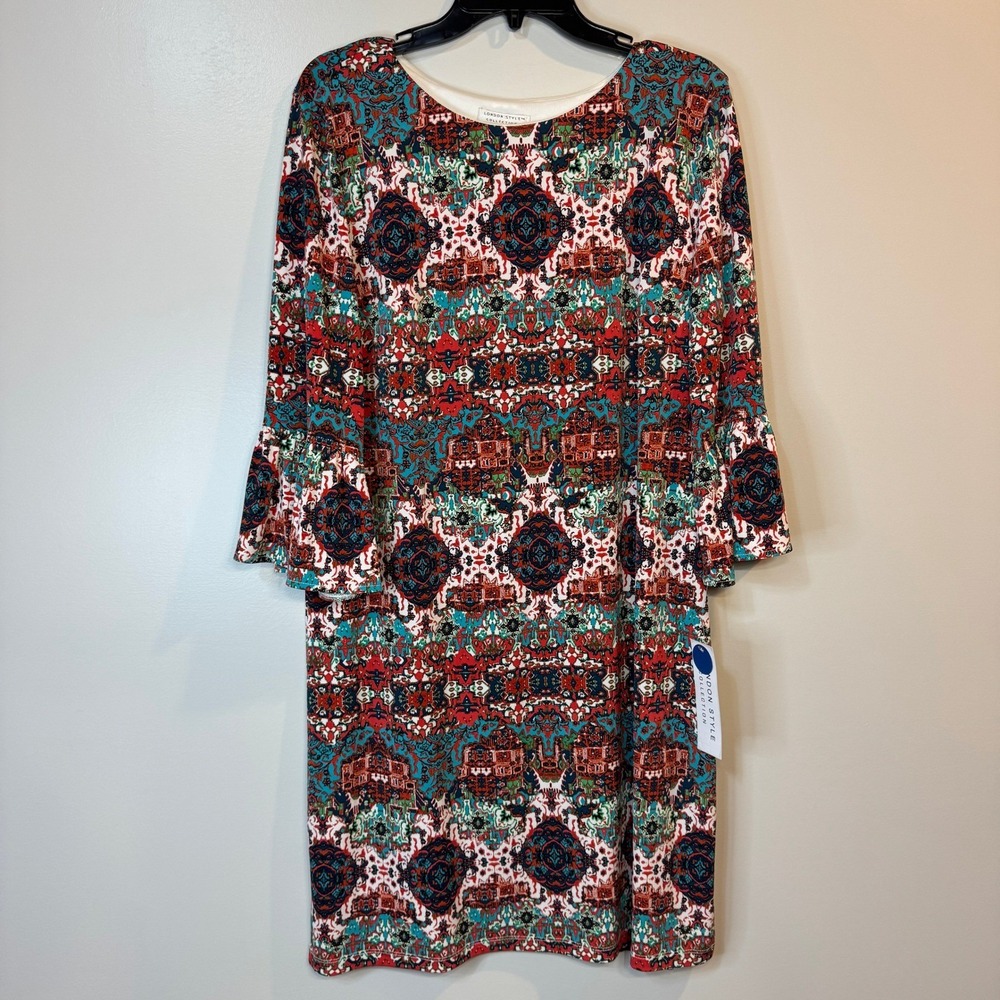 London Style Collection‎ Womens 16 Bell Sleeve Shift Dress Bohemian Print NEW